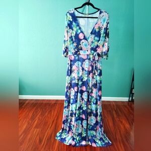 FT INE Floral Maxi Dress S -L NWOT Blue Pink Fit & Flare V-Neck 3/4 Sleeve(B-10)